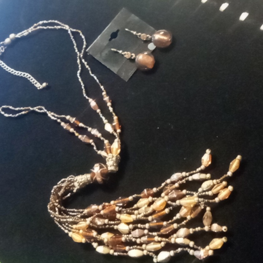 Vintage 19 inch foil amber glass tassel necklace with amber foil glass earrings